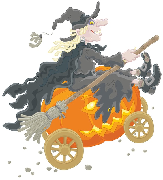 Bruja de halloween montando en su gran calabaza