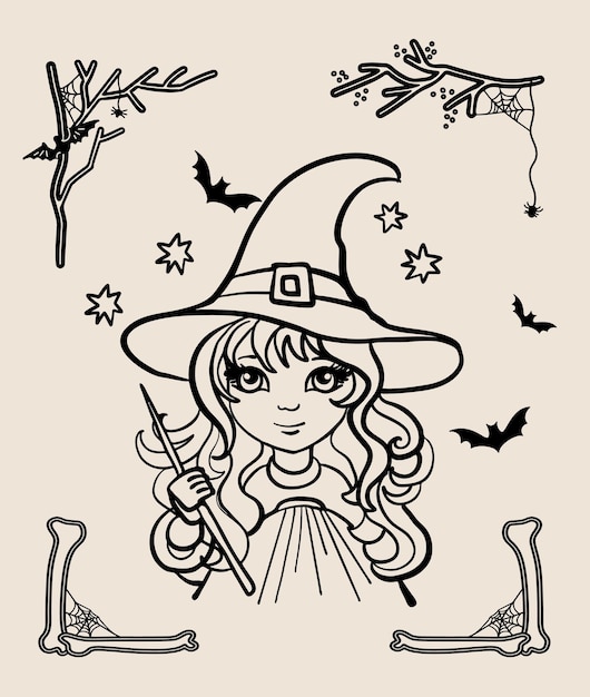 Bruja linda de Halloween Ilustración de vector blanco y negro para colorear libro