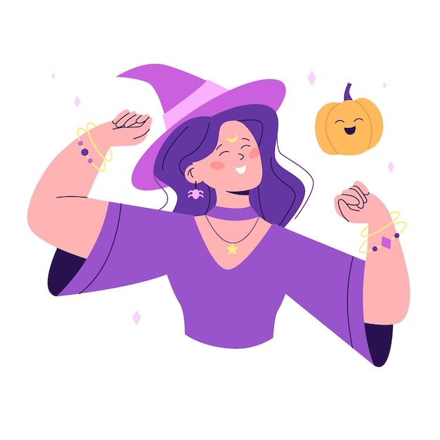 Vector bruja linda de halloween personaje de mujer sonriente en el disfraz de halloween con calabaza