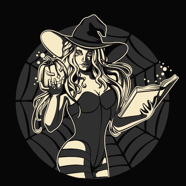 Vector bruja mágica con calabaza y libro ilustración vectorial de halloween