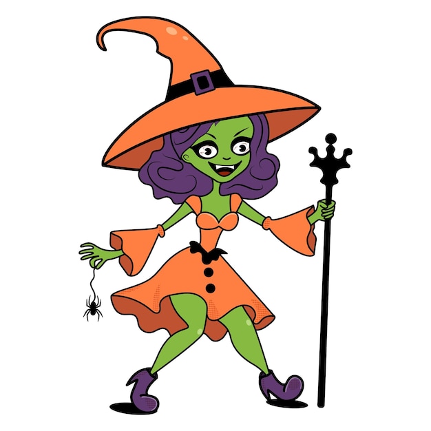 Bruja retro con sombrero naranja cabello púrpura Halloween noche espeluznante personaje groovy aislado en blanco