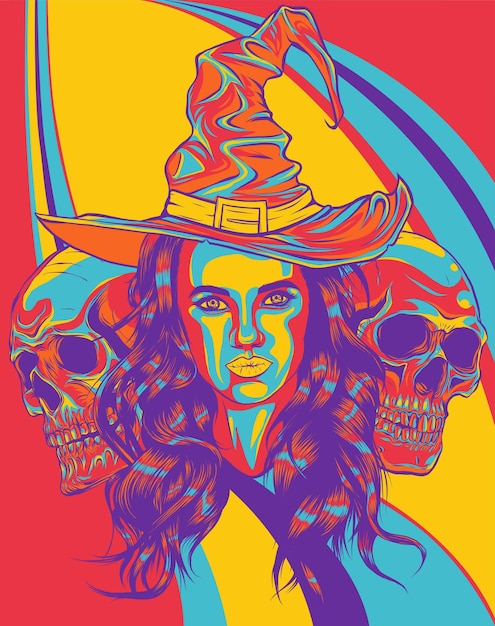 Vector bruja con un sombrero clásico y cabello de color