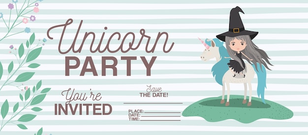 bruja con tarjeta de invitación de unicornio