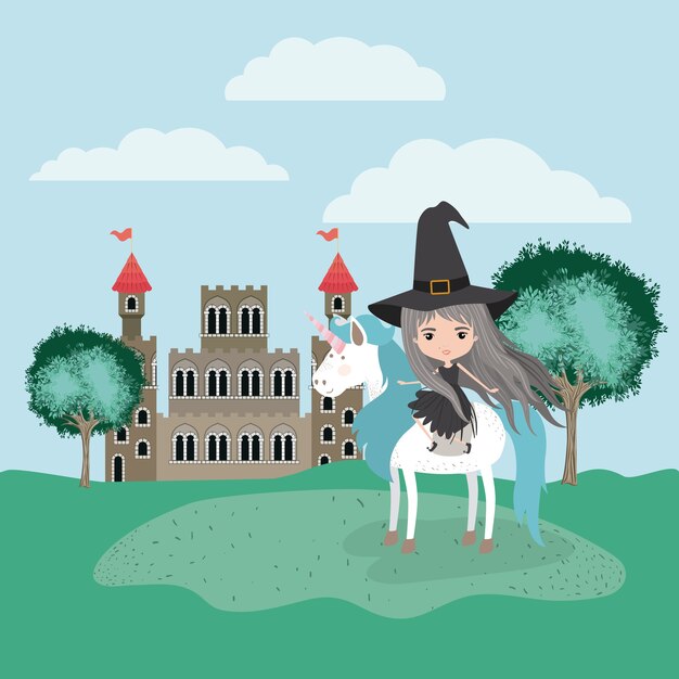 Bruja con unicornio en el campamento y castillo