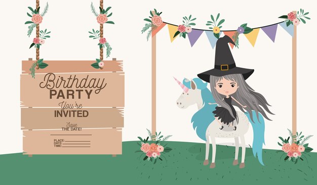 bruja con unicornio y etiqueta tarjeta de invitación de madera