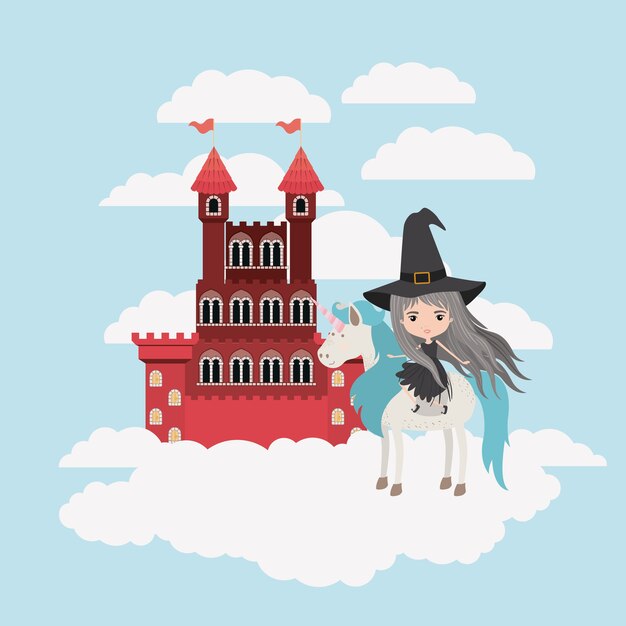 bruja con unicornio en las nubes y el castillo