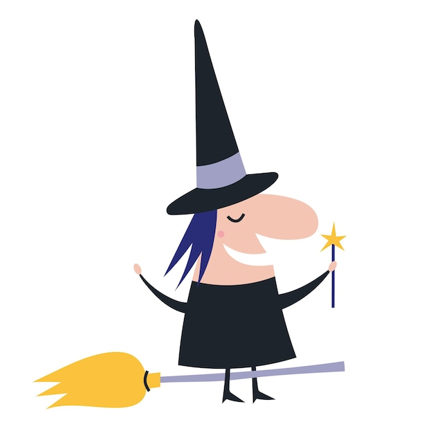 Bruja volando en un estilo de dibujos animados de palo de escoba Helloween y concepto mágico Ilustración de vector moderno de moda aislado sobre fondo blanco diseño plano dibujado a mano