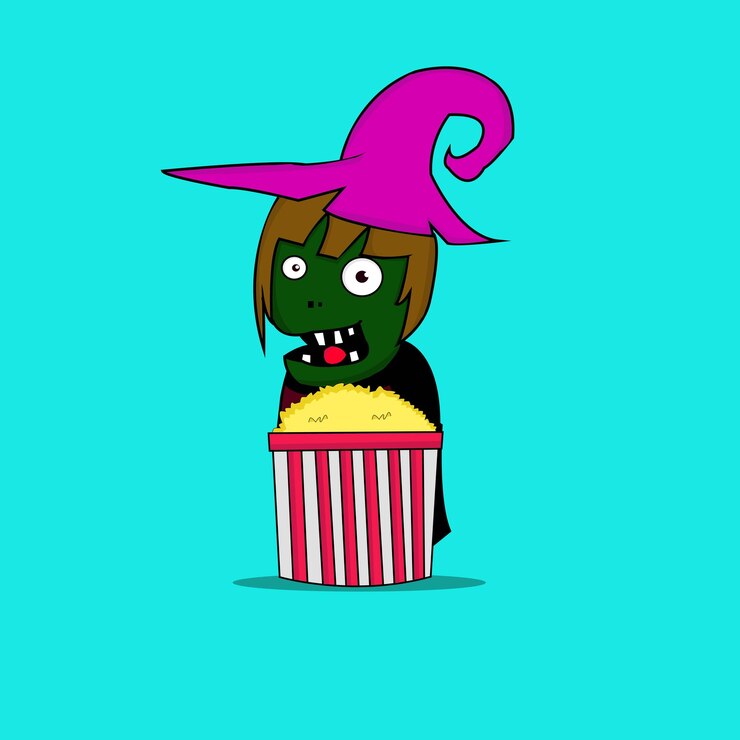 bruja zombie vector llevando palomitas de maíz ilustración de dibujos animados plana