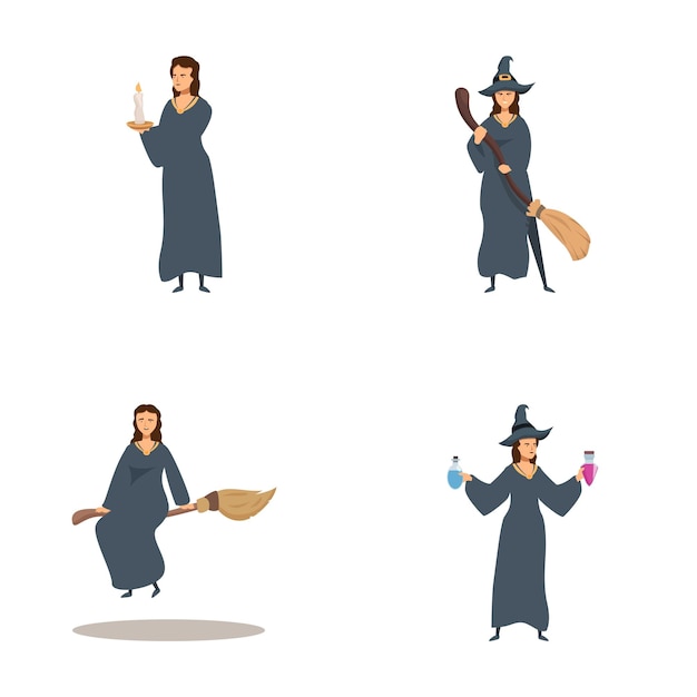 Brujas de dibujos animados con objetos mágicos