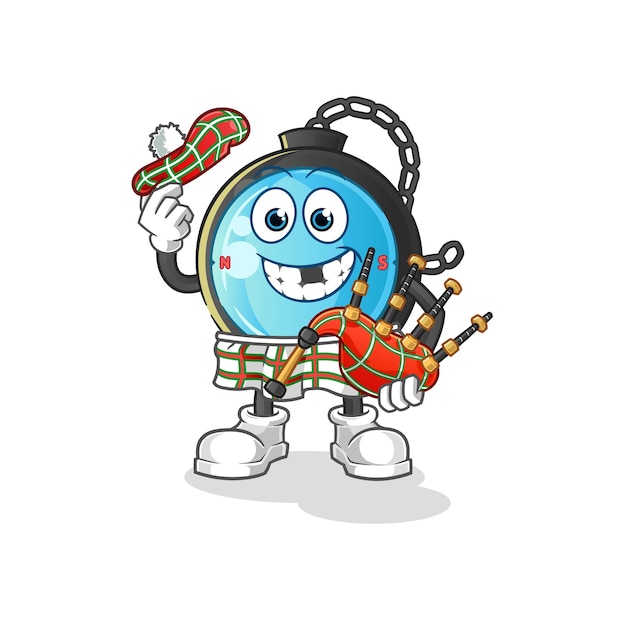 Brújula escocesa con vector de gaitas. personaje animado