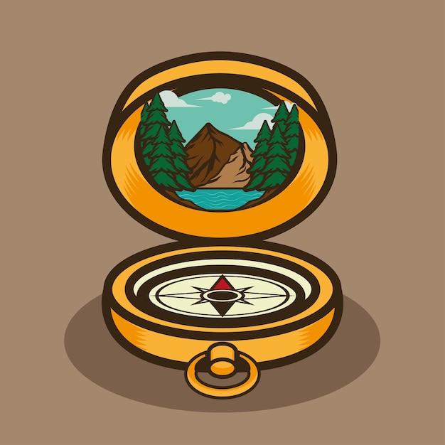 Brújula con ilustración de vistas a la montaña