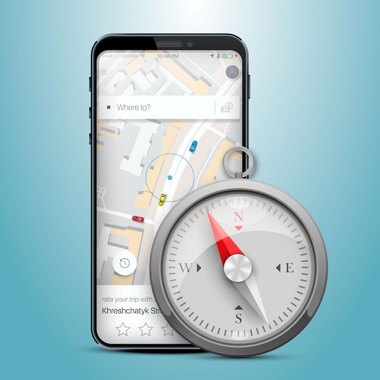 Vector brújula del mapa de navegación gps del teléfono. ilustración vectorial