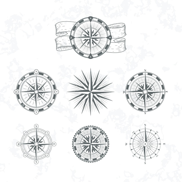 Brújula náutica. Rosa de los vientos marina para mapas. Ilustraciones de estilo vintage. Conjunto de brújula náutica para navegación de mapas.