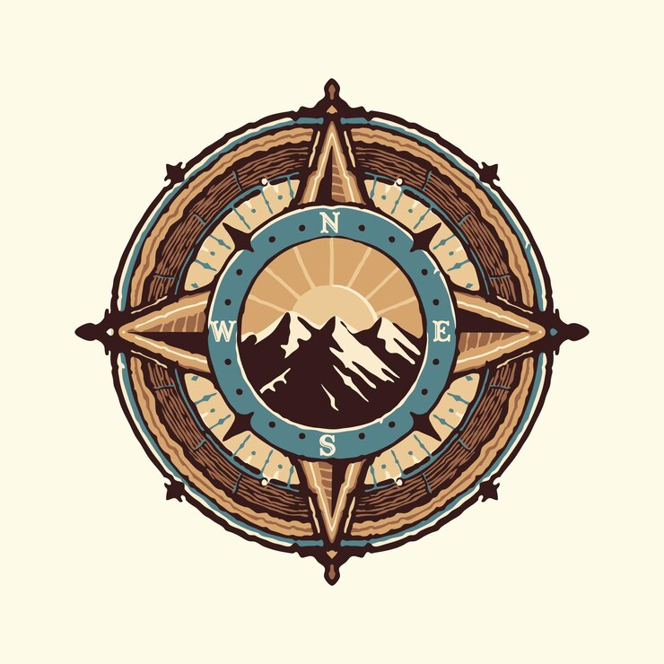 Vector una brújula vintage de estilo angustiado con montañas y las palabras montañas en ella