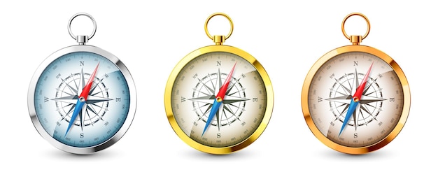 Brújulas vintage realistas de plata y oro, rosa del viento marino y direcciones cardinales del noreste.