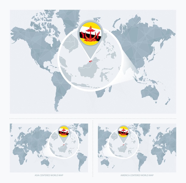 Brunei ampliado sobre el Mapa del Mundo 3 versiones del Mapa Mundial con bandera y mapa de Brunei