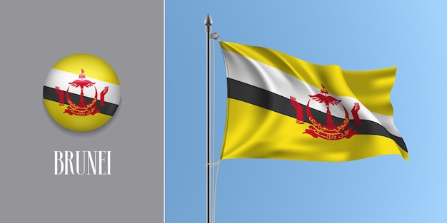 Brunei ondeando la bandera en el asta de la bandera y la ilustración del icono redondo