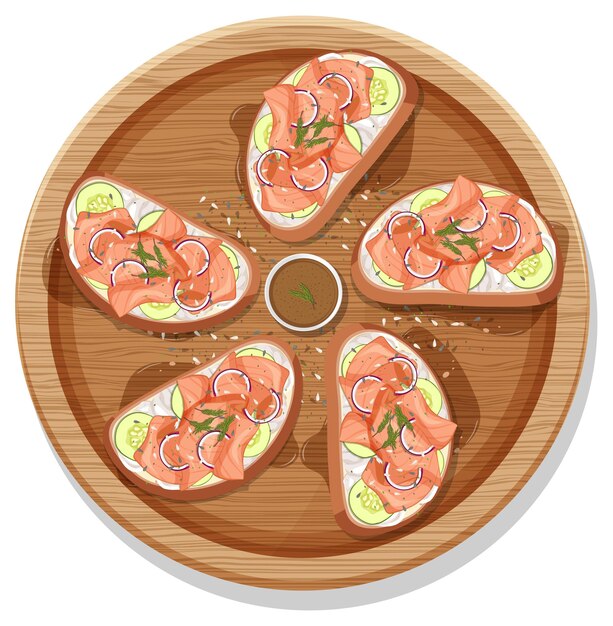 Bruschetta de salmón ahumado en una placa redonda de madera aislada