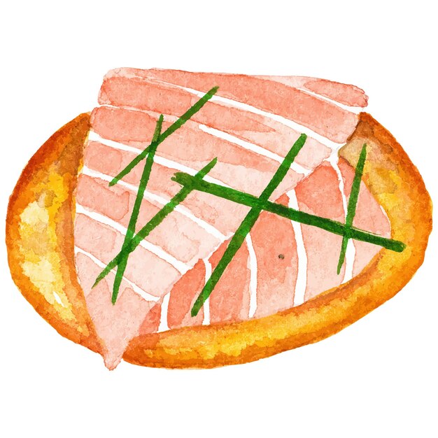 Bruschetta de salmón pintada a acuarela Elementos de diseño de mariscos dibujados a mano aislados en fondo blanco
