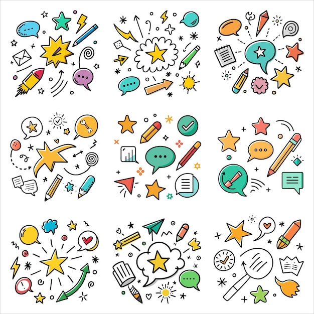 Brush doodle iconas de habla Esbozo de línea de estallido de estrellas Ícono de flecha Ilustración del conjunto de íconos de comunicación