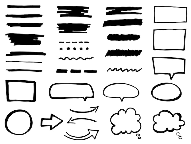Brushes de burbujas de habla dibujados a mano, flechas de marco, conjunto de subrayados de cuadro de texto