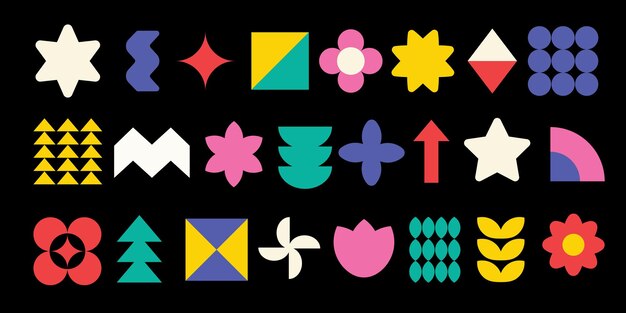 Brutalismo formas geométricas abstractas y cuadrículas figuras contemporáneas brutales flores de estrellas y otras