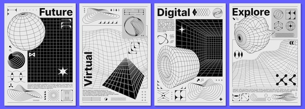 Brutalismo y2k carteles con cuadrícula y formas retro