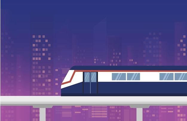 BTS Sky tren en edificios de paisaje urbano en la noche vector Ilustración Concepto de transporte