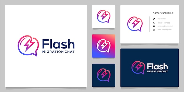 Bubble chat flash bolt diseño de logotipo de contorno de línea eléctrica con tarjeta de visita