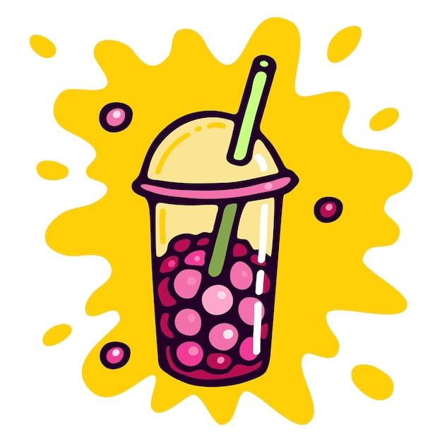 Bubble Tea Boba Tea en Plastic Cup Doodle Mascota de estilo de dibujos animados en amarillo Splash Vector Premium