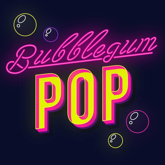 Bubblegum pop vintage letras vectoriales 3d. fuente retro negrita, tipografía. texto estilizado del arte pop. letras de luz de neón de estilo de la vieja escuela. cartel de los 90, 80, pancarta. fondo de color violeta oscuro