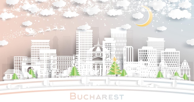 Bucarest Rumania Horizonte de la ciudad de invierno en estilo de corte de papel con copos de nieve luna y guirnalda de neón concepto de Navidad y año nuevo Papá Noel en trineo paisaje urbano de Bucarest con puntos de referencia