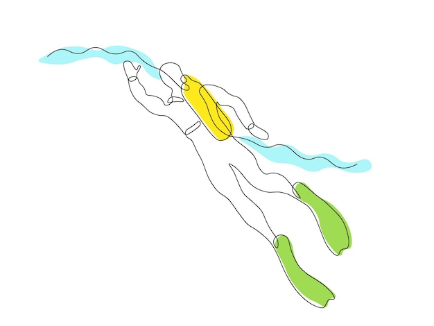Buceador abstracto buceador nadando bajo el agua con equipo de buceo continuo dibujo a mano de una sola línea de arte