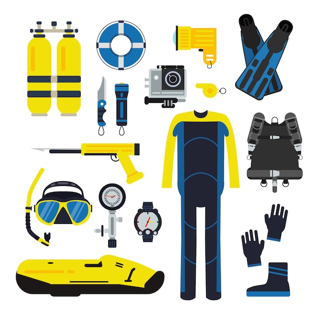 Buceador y elementos para el deporte submarino. Ilustraciones de buceo en estilo plano.