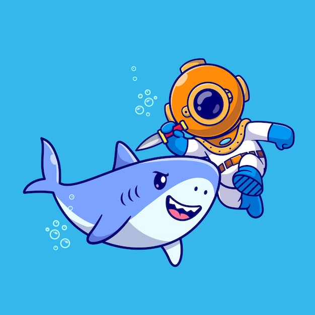 Buceador lindo nadar con tiburón y cuchillo de dibujos animados Vector icono ilustración. Icono de animales de ciencia
