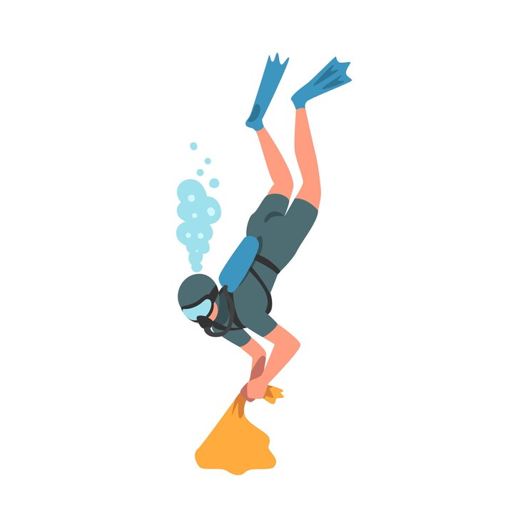 Vector buceador recogiendo basura en una bolsa en el concepto de protección de la ecología oceánica voluntario limpiando residuos ilustración vectorial de dibujos animados