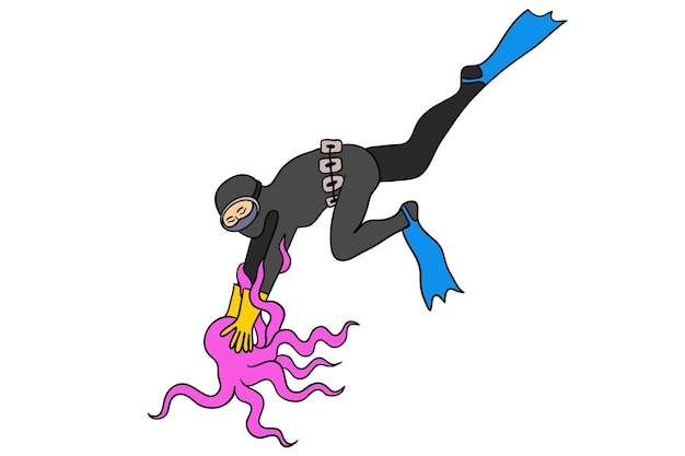 la buceadora coreana haenyeo atrapa una imagen vectorial aislada de pulpo en estilo de dibujos animados
