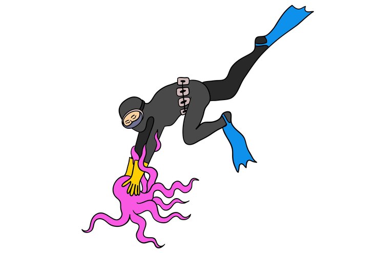 Vector la buceadora coreana haenyeo atrapa una imagen vectorial aislada de pulpo en estilo de dibujos animados