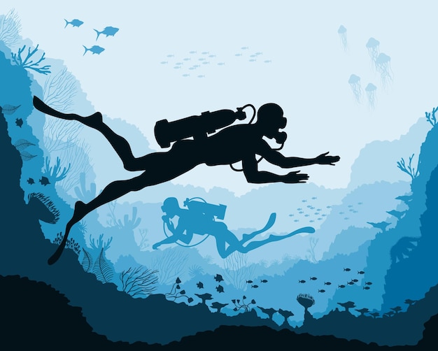 Buceadores y arrecife fauna submarina