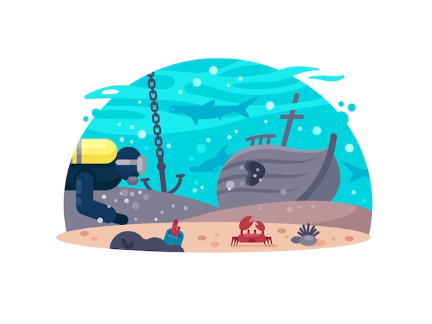 Buceo descanso activo. Buzo cerca de un barco hundido. Ilustración vectorial