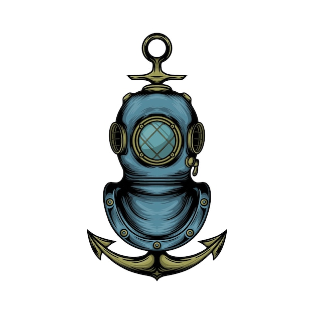 Buceo dibujado a mano con ilustración de vector de ancla