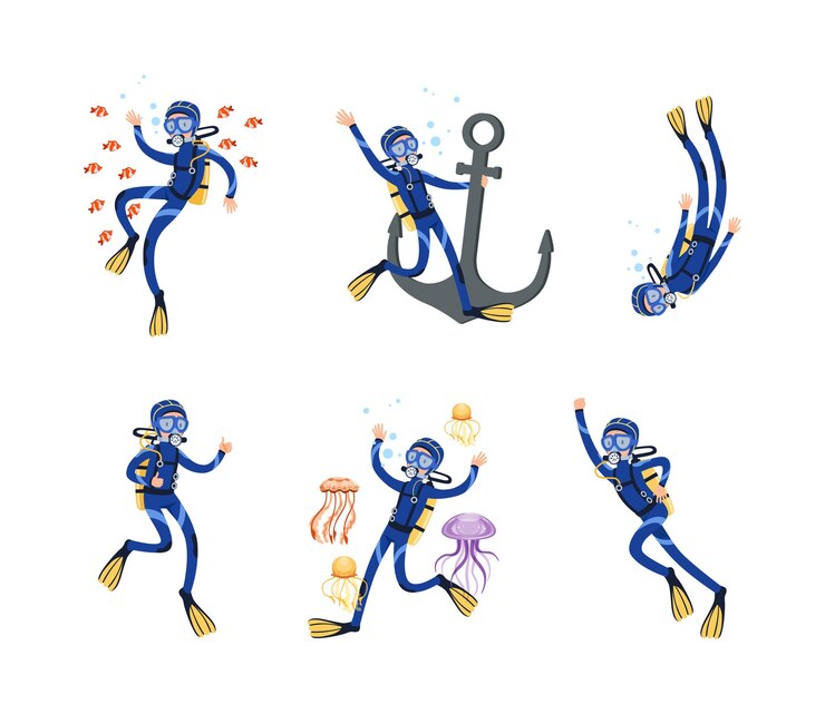 Vector buceo con máscara de buceo y gafas flotando bajo el agua con ancla y conjunto vectorial de medusas