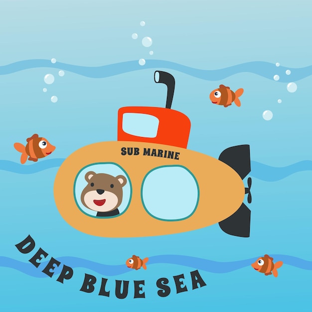Buceo con oso divertido conduciendo submarino Fondo infantil de vector creativo para tela textil vivero papel tapiz cartel tarjeta folleto vector ilustración fondo
