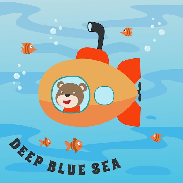 Buceo con oso gracioso conduciendo submarino Vector creativo fondo infantil para tela textil vivero papel tapiz cartel tarjeta folleto vector ilustración fondo