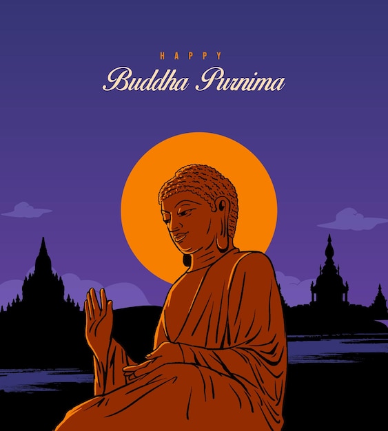 Buda Purnima Feliz día de Vesak deseos y saludos con la ilustración del vector de Buda