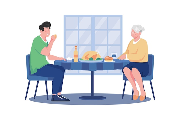 Buen almuerzo del hombre con la madre en el día de la mujer