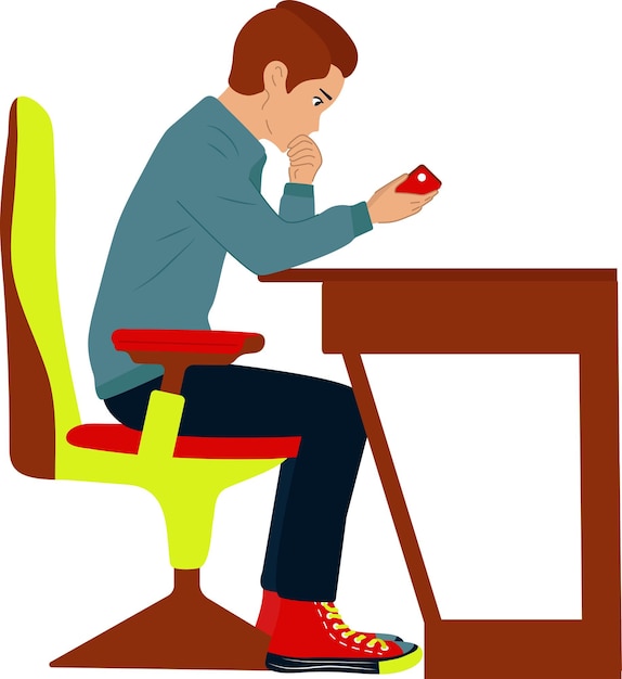 Un buen chico se sienta en una mesa y sostiene un teléfono en sus manos silla de computadora fondo blanco día de trabajo buscando soluciones vector plano en estilo de dibujos animados
