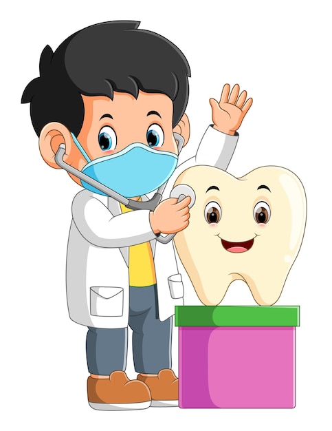 Vector el buen dentista está revisando los dientes buenos y brillantes.