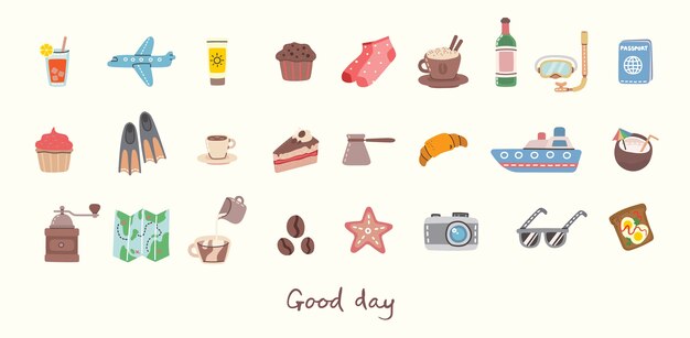 buen día. Gran conjunto de objetos e iconos relacionados con alimentos, viajes y vacaciones de verano.