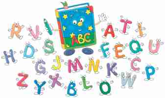Vector buen dibujos animados abc libro rodeado de coloridas letras del alfabeto bailando y agitando en saludo
